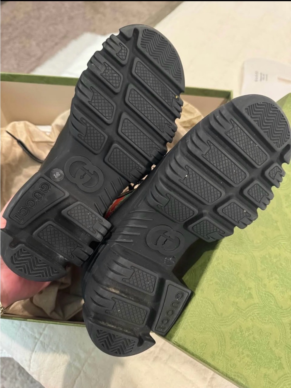 Gucci Black Leather Lug Sole Boot with Green-Red-Green Web and Gold GG - Picture 2 of 4